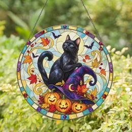 Black Cat Witch Hat and Pumpkins for Halloween Porch and Autumn Home Decor Lovers Stained Glass Suncatcher