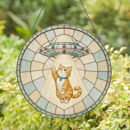 Whimsical Cat UFO Abduction Stained Glass Circle for Playful Cat Lover Homes Stained Glass Suncatcher