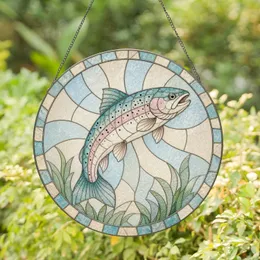 Leaping Rainbow Trout in Elegant Circle for Fisherman Cabin and Lake House Decor Stained Glass Suncatcher