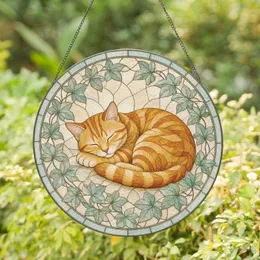 Peaceful Orange Tabby Cat in Circular Stained Glass for Feline Lover Home Accent Stained Glass Suncatcher