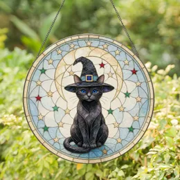 Black Cat Witch on Crescent Moon Halloween Cat Lover Decor Stained Glass Suncatcher