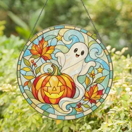 Ghost Pumpkin Halloween Decor With Autumn Leaves For Cozy Seasonal Home Styling Lovers Stained Glass Suncatcher