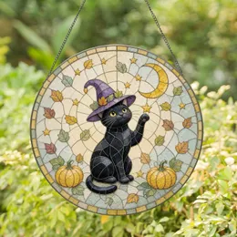Black Cat Witch Hat Crescent Moon Pumpkins Autumn Fall Decor Stained Glass Suncatcher