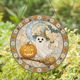 Friendly Ghost and Pumpkin with Crescent Moon for Spooky Fall Halloween Season Decor Stained Glass Suncatcher