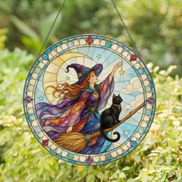 Flying Witch and Black Cat for Halloween Decor, Mystical Gift for Spellbound Homes Stained Glass Suncatcher