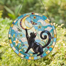Black Cat Moon Halloween Decor for Celestial Cat Lovers and Cozy Gothic Home Style Stained Glass Suncatcher