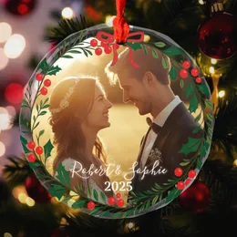 Personalized Couple Photo Christmas Ornament – Custom Names & Year Glass Wreath Keepsake, Wedding Gift