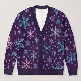 Teal And Lilac Snowflakes On Deep Purple For Cozy Winter Layering Every Day All-over Print Knitted Cardigan