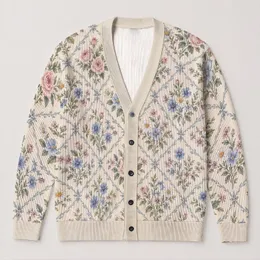 Vintage Cottage Floral Lattice for Everyday Layering and Garden Brunch Style Women All-over Print Knitted Cardigan