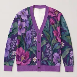 Purple Botanical Blooms for Relaxed Everyday Layering, Women’s Spring and Fall Style All-over Print Knitted Cardigan