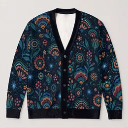 Colorful Midnight Geometric Motifs for Relaxed Layering and Creative Everyday Style All-over Print Knitted Cardigan