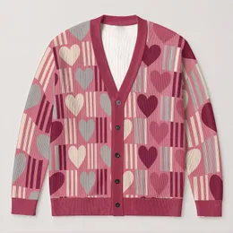 Heart Stripe Motif For Casual Spring Layering, Romantic Everyday Style For Women All-over Print Knitted Cardigan