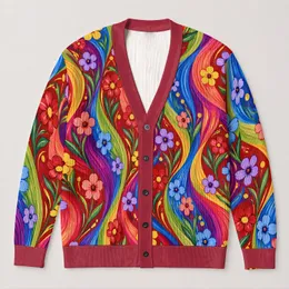 Rainbow Wave Floral Blooms for Colorful Spring Layering and Everyday Women's Style All-over Print Knitted Cardigan