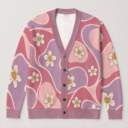 Daisy Floral Waves for Relaxed Everyday Layering, Office Commutes, and Travel Wear All-over Print Knitted Cardigan