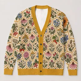 Botanical Honeycomb Flowers And Berries For Relaxed Everyday Layering In Women’s Style All-over Print Knitted Cardigan