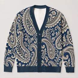 Navy Ivory Paisley Swirls for Bohemian Autumn Layering and Relaxed Everyday Style All-over Print Knitted Cardigan