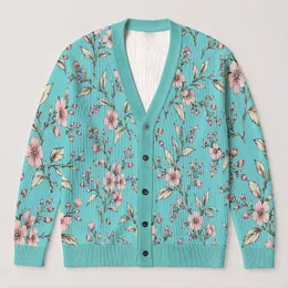 Turquoise Botanical Blossoms for Relaxed Autumn Layering and Everyday Feminine Style All-over Print Knitted Cardigan