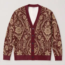 Burgundy Damask Florals for Elegant Everyday Layering and Vintage-Inspired Daily Style All-over Print Knitted Cardigan