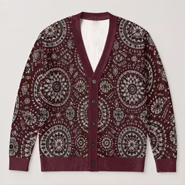 Burgundy Mandala Boho Geometric Layering Style for Casual Fall and Winter Outfits All-over Print Knitted Cardigan
