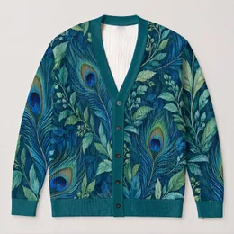 Teal Peacock Feather Botanical Motif for Elegant Everyday Layering and Office Style All-over Print Knitted Cardigan
