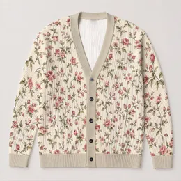 Vintage Pink Rose Botanical Motifs for Autumn Layering, Vacation Style, and Women All-over Print Knitted Cardigan