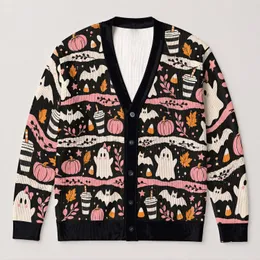 Whimsical Ghosts, Bats And Pink Autumn Florals For Cozy Halloween Layering Style All-over Print Knitted Cardigan