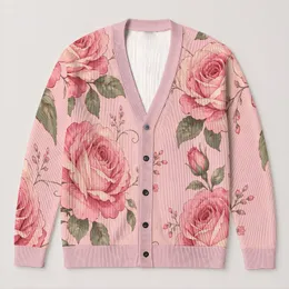 Blush Pink Rose Motif for Soft Autumn Layering and Romantic Everyday Women's Style All-over Print Knitted Cardigan