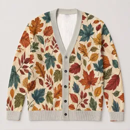 Colorful Autumn Leaf Botanical Motifs for Cozy Everyday Layering and Young Style Wear All-over Print Knitted Cardigan