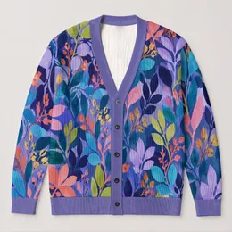 Colorful Botanical Leaves for Relaxed Everyday Layering and Creative Weekend Style All-over Print Knitted Cardigan