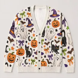 Halloween Ghost Cat Pumpkin Witches Theme for Festive Everyday Layering for Women All-over Print Knitted Cardigan