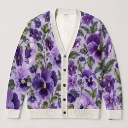 Purple Pansy Blooms for Relaxed Spring Layering and Everyday Garden Style Dressing All-over Print Knitted Cardigan