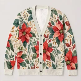 Red Poinsettia Botanical Foliage for Festive Everyday Layering and Holiday Gatherings All-over Print Knitted Cardigan