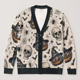 Witch Hat Pumpkin Skulls for Halloween Layering, Women’s Cozy Fall Holiday Style All-over Print Knitted Cardigan