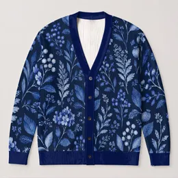 Blue Botanical Foliage for Autumn Layering, Everyday Office Style and Evening Events All-over Print Knitted Cardigan