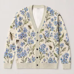 Blue Forget-Me-Not Blooms and Honeybees for Relaxed Autumn Office Layering Women All-over Print Knitted Cardigan