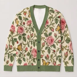Pink Roses and Golden Butterflies for Everyday Garden Style, Feminine Nature Gift All-over Print Knitted Cardigan
