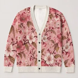 Pink Cherry Blossom Floral Motifs for Vacation Date Nights and Everyday Layering Style All-over Print Knitted Cardigan