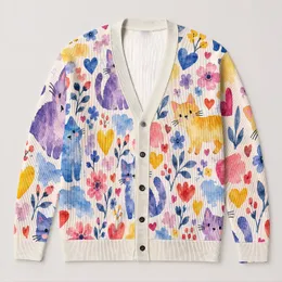 Colorful Watercolor Cat Hearts for Cozy Everyday Layering and Spring Gatherings All-over Print Knitted Cardigan