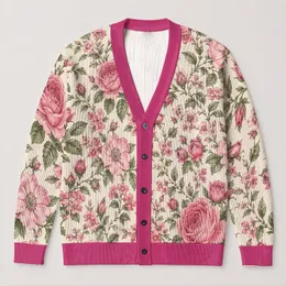 Pink Botanical Roses For Everyday Layering At Work And Weekend Garden Gatherings All-over Print Knitted Cardigan