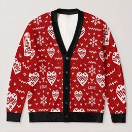 Red Heart Winter Motif for Cozy Layering and Holiday Gatherings for Women's Seasonal Style All-over Print Knitted Cardigan