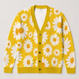 White Daisy Floral Yellow Spring Layering Look For Casual Everyday Weekend Wear All-over Print Knitted Cardigan