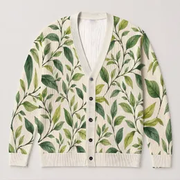 Fresh Green Leaf Vines for Relaxed Everyday Layering and Bohemian Style Women All-over Print Knitted Cardigan