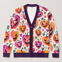 Watercolor Jack-O'-Lantern Heart Faces For Halloween Gatherings And Autumn Layering All-over Print Knitted Cardigan