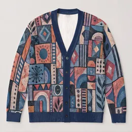 Abstract Indigo Patchwork Motifs for Layered Autumn Outfits and Everyday Weekend Style All-over Print Knitted Cardigan