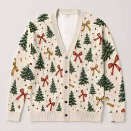 Evergreen Trees and Ribbon Bows for Cozy Holiday Gatherings and Winter Gift Giving All-over Print Knitted Cardigan
