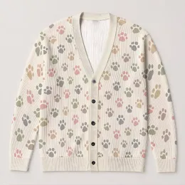 Pastel Animal Paw Motifs for Cozy Everyday Layering and Youthful Women's Casual Style All-over Print Knitted Cardigan
