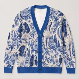 Blue Dog And Hot Air Balloon Garden Scene For Everyday Layering Women's Style All-over Print Knitted Cardigan