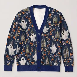 Ghosts and Haunted Houses for Halloween Layering, Women's Cozy Autumn Style Wear All-over Print Knitted Cardigan