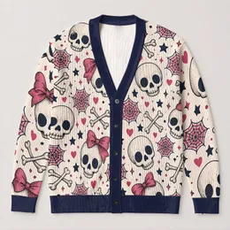 Pink Bow Skull Spiderweb Halloween Style for Cute Playful Everyday Autumn Layering Women All-over Print Knitted Cardigan