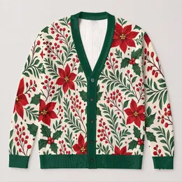 Red Poinsettia Holly Berry Florals For Festive Layering And Everyday Women's Style All-over Print Knitted Cardigan